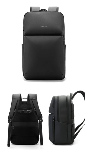 Black water-resistant travel backpack, front and side views with shoulder straps