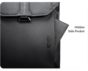 Black roll-top backpack with hidden side pocket detail near the front flap