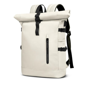 White roll-top waterproof travel backpack with front zipper pocket and adjustable straps
