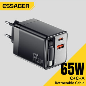 ESSAGER 65W GaN USB Charger with Retractable Cable and Power Delivery - Black