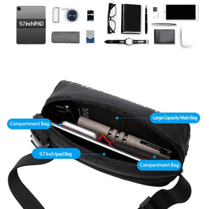 Black crossbody sling bag with large main compartment and front zipper pocket