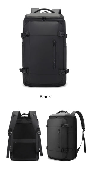 Black business and travel backpack with front straps and side zipper pocket