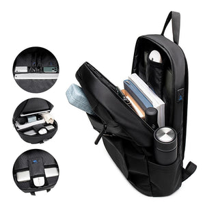 Black open-top travel backpack with interior organizers and water bottle pocket