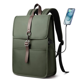 Green waterproof commuter backpack with flap, front pocket, and USB charging cable