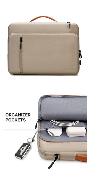 Beige laptop bag with front organizer panel and rolled storage accessory