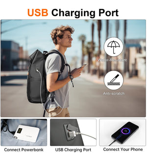 Black roll-top waterproof travel backpack on a person, front zipper and side pockets