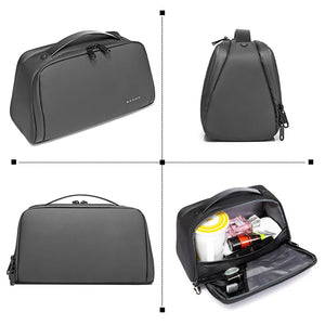 Black toiletry bag shown from multiple angles; open interior reveals organized compartments.