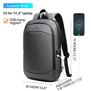 Grey waterproof travel backpack with USB charging port, padded back and shoulder straps