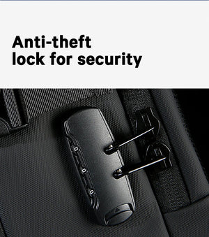 Black backpack anti-theft lock device on zipper track, close-up