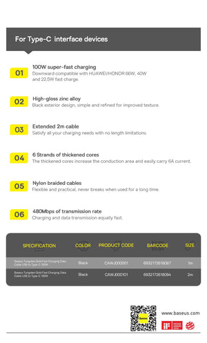 BASEUS Tungsten Gold 100W USB-C to USB-A Fast Charging Cable