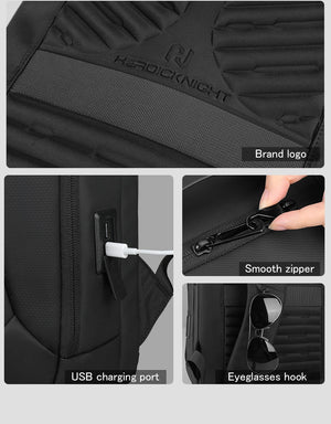 Black waterproof travel backpack with logo, smooth zippers and USB charging port