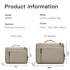Tan laptop bag with front zipper and brown top handle