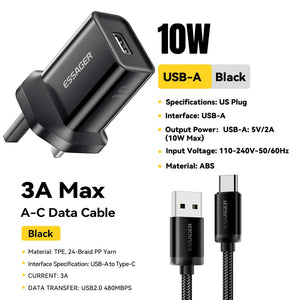 ESSAGER Mini 10W USB Charger Set with Fast Charge Adapter - Black