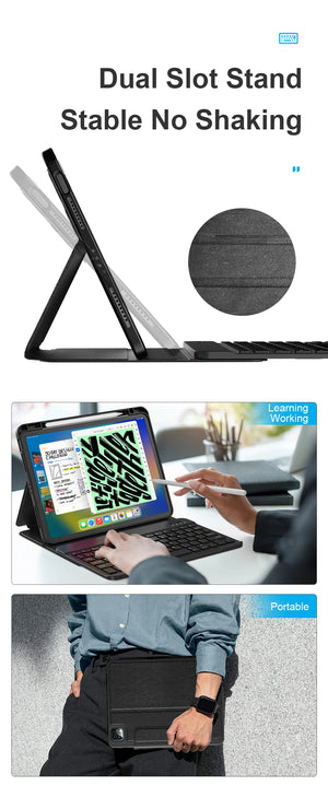 Protective iPad keyboard case with dual-slot stand and stable no-shake angle