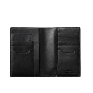 Black leather passport wallet interior with multiple card slots and two ID sections