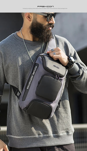 Grey crossbody chest bag with front zip pockets and adjustable shoulder strap.