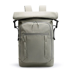 Light grey roll-top waterproof travel backpack with front logo and compartments