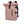 Pink roll-top waterproof travel backpack with front zipper pocket and buckle straps