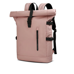 Pink roll-top waterproof travel backpack with front zipper pocket and buckle straps
