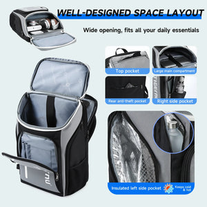 Grey-and-black travel backpack with wide-opening top and multiple exterior pockets