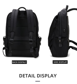 Black backpack back and side views with webbing shoulder straps