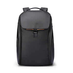 Black waterproof travel backpack with front flap pocket and central buckle strap