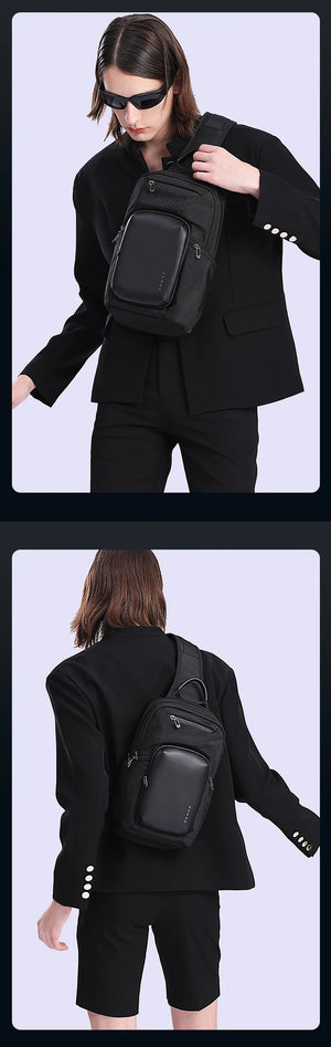 Compact crossbody bag shown from front and back on a model