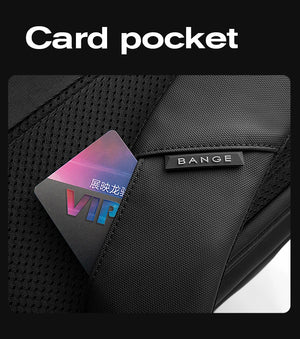 Black backpack card pocket on the side panel with a credit card slot