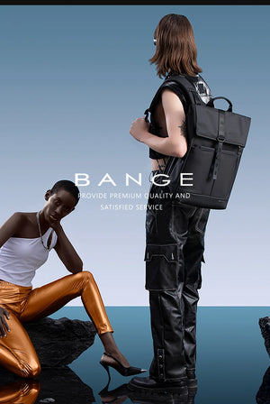 Black travel backpack worn on back with front flap and padded shoulder straps