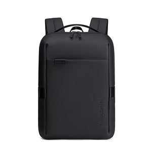 Black waterproof travel backpack front view with top handle and front panel
