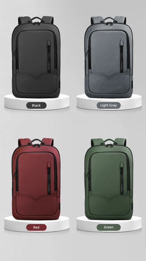 Lightweight waterproof compact backpack display: black, light gray, red, and green colors