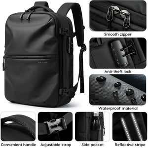 Black travel backpack with smooth zipper, anti-theft lock detail, side pocket, and reflective stripe