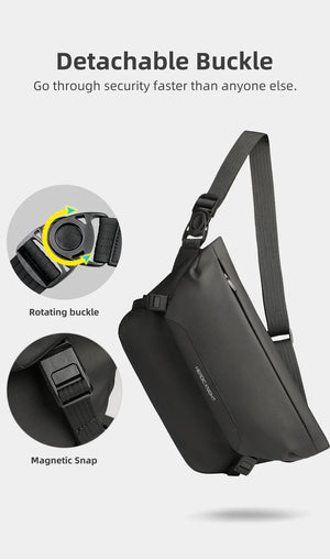 Black crossbody bag with detachable rotating buckle and magnetic snap closure detail.