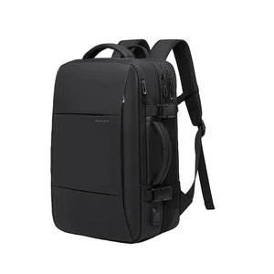 Black expandable large capacity waterproof travel backpack with front zipper pocket and shoulder strap