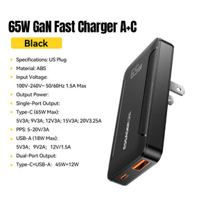 ESSAGER 65W Ultra Thin GaN Pro Travel USB Charger with Quick Charge 4.0 and PD3.0 - Black