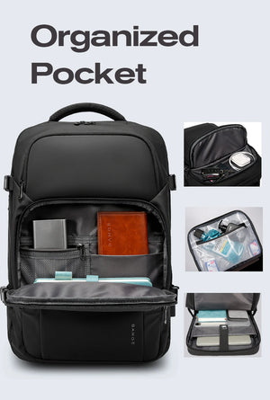 Black backpack front organized pocket with multiple interior compartments
