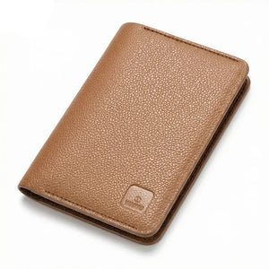 Slim brown leather passport wallet with RFID card slot and embossed logo