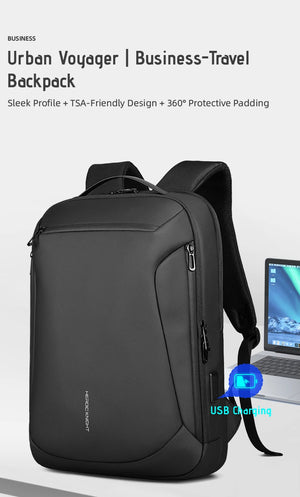 Black business travel backpack with front organizer panel and side zipper pocket