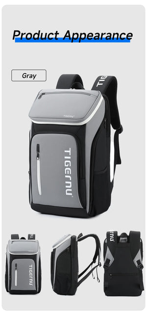 Grey waterproof travel backpack, front flap pocket, side zips, top handle