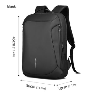 Black large capacity travel backpack, front zip pockets and padded back straps