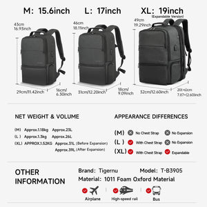 TIGERNU B3905 Large Capacity Waterproof Travel Backpack with USB Charging Port