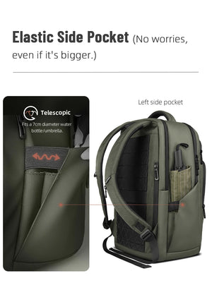 Green backpack with elastic side pocket for bottle, umbrella, or small accessories