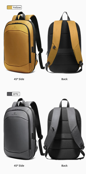 Travel backpack color display: yellow/black and grey/black versions, 45° side and back views