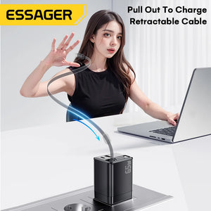 ESSAGER 65W GaN USB Charger with Retractable Cable and Power Delivery - Black