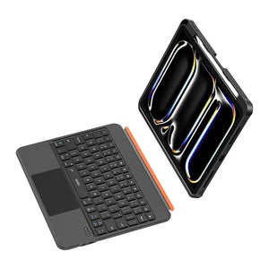 Black rotatable keyboard case for iPad with detachable keyboard and orange latch accents