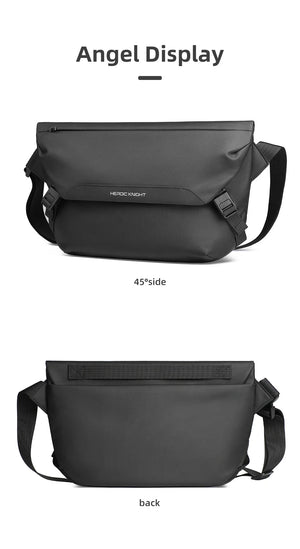 Black lightweight crossbody bag with flap; front and back angles shown.