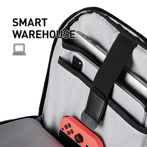 Black laptop backpack with open interior showing tablet/phone slots and divider