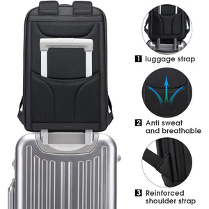 Black backpack with luggage strap and padded, breathable shoulder straps