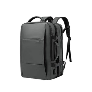 Large expandable travel backpack, dark gray, padded panels and top carry handle