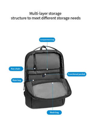 Black multi-compartment backpack with main storage, mesh section, and front pocket